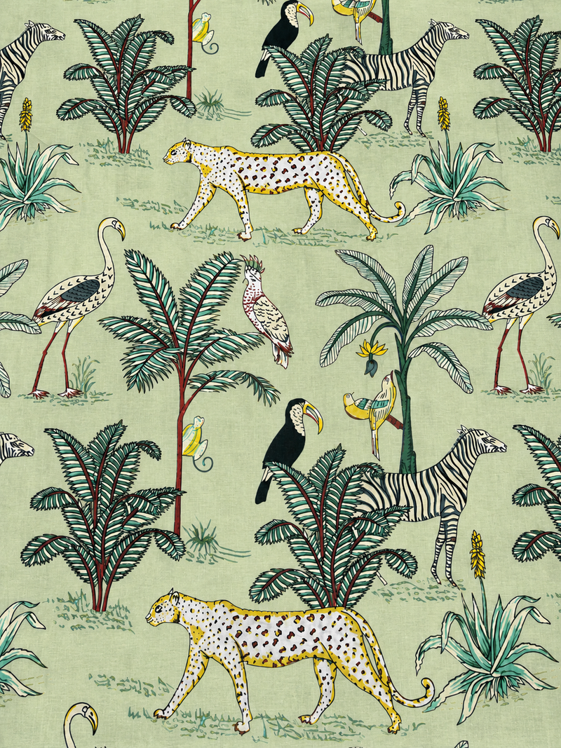 Jungle-themed fabric with leopards, zebras, toucans, and palm trees on a light green background.
